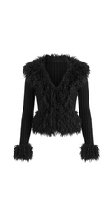 Cargar imagen en el visor de la galería, Faux Fur Trim Zip Up Knit Cardigan (Black)
