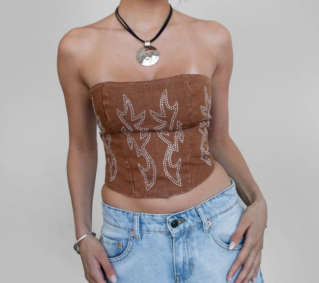 Rhinestone Western Denim Corset (Brown)