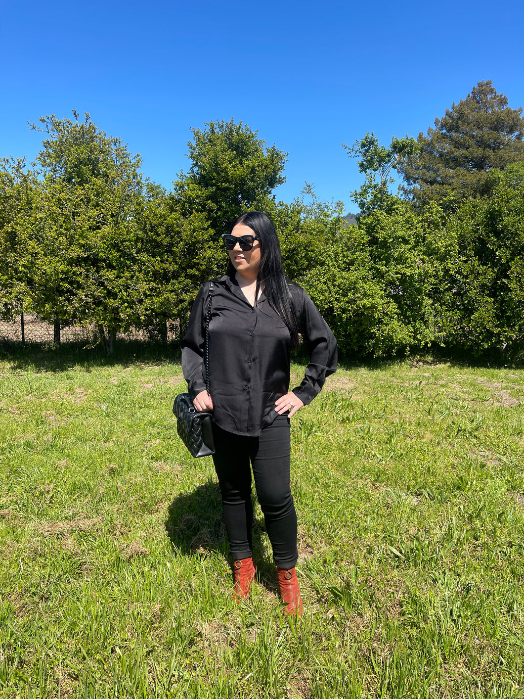 Angelica Satin Button Up (Black)