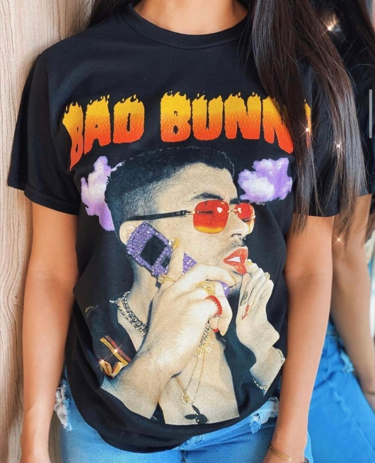 Bad Bunny Sunflower Graphic T-Shirt Black Size Large